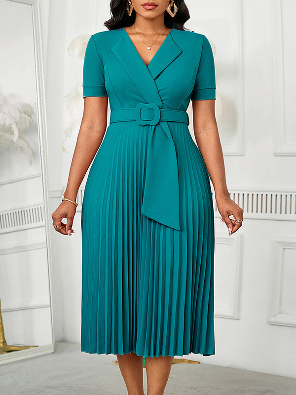 Solid Belted Pleated Dress