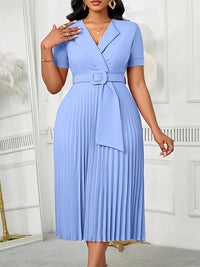 Solid Belted Pleated Dress