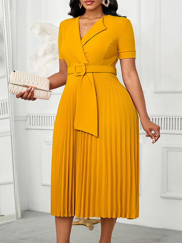 Solid Belted Pleated Dress