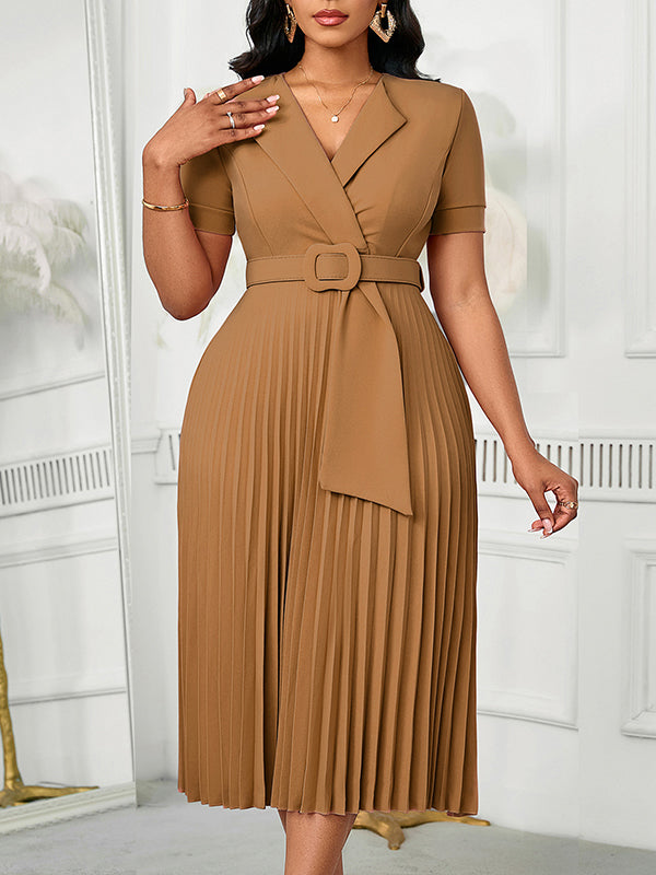 Solid Belted Pleated Dress