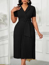 Solid Belted Pleated Dress