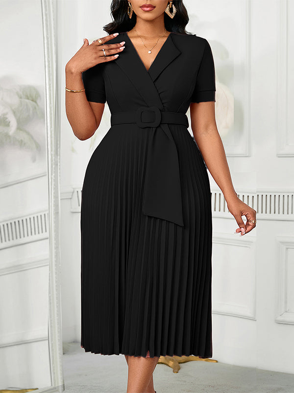 Solid Belted Pleated Dress