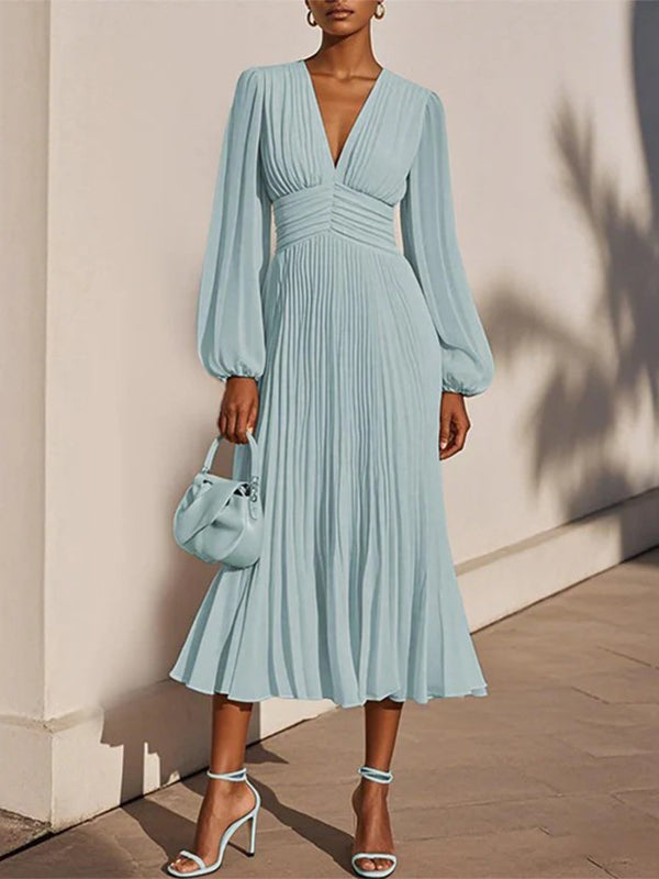 Solid V-Neck Pleated Dress
