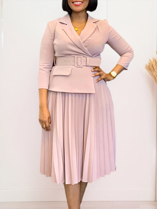 Solid Belted Pleated Dress