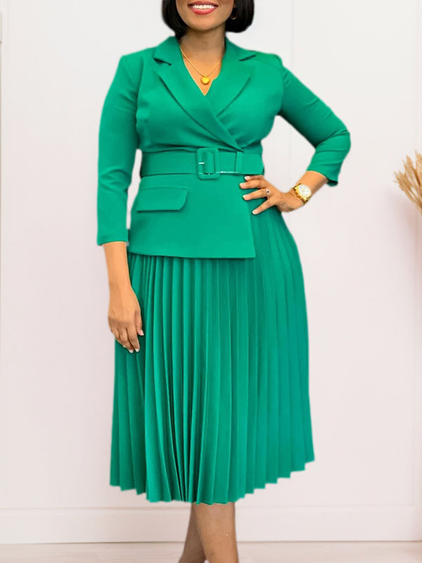 Solid Belted Pleated Dress