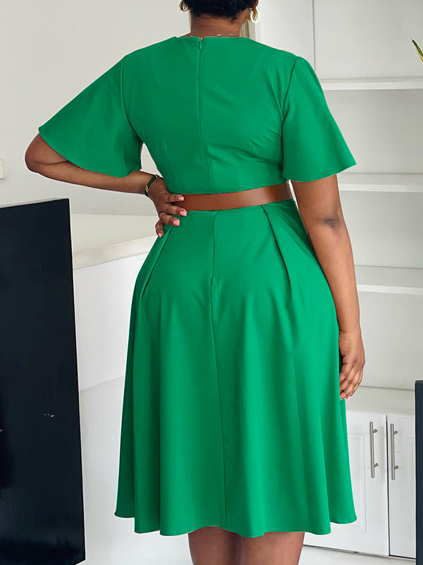 Solid V-Neck Belted Dress