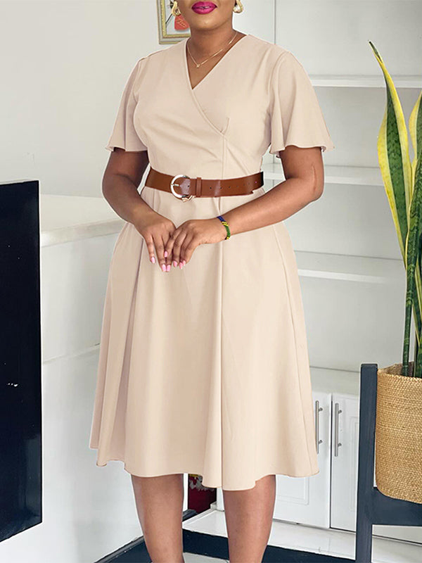 Solid V-Neck Belted Dress