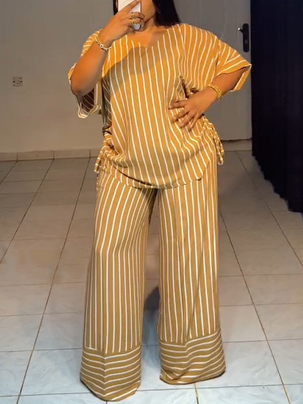 Stripe V-Neck Top & Wide-Leg Pants Set