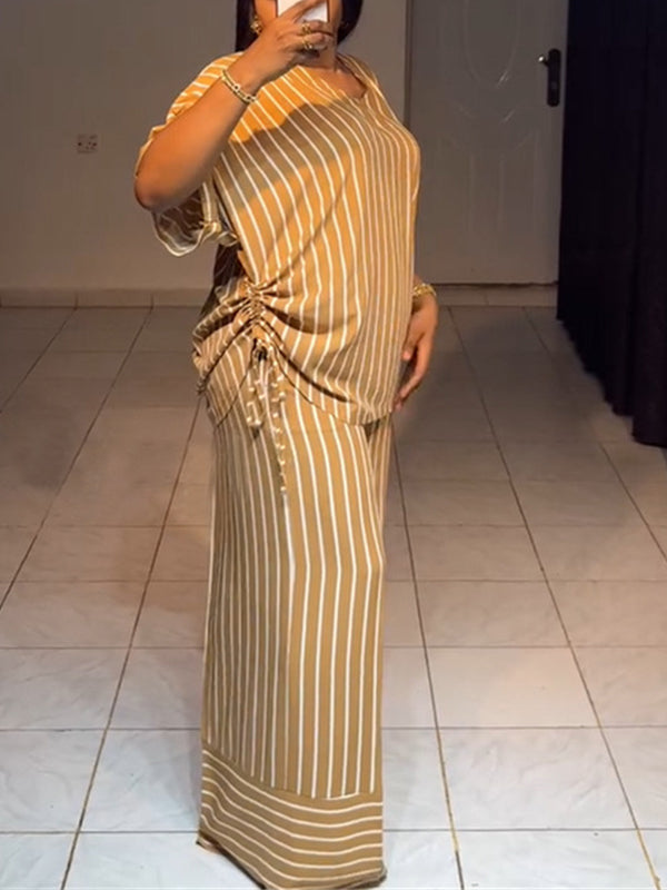 Stripe V-Neck Top & Wide-Leg Pants Set