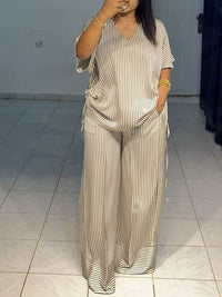 Stripe V-Neck Top & Wide-Leg Pants Set