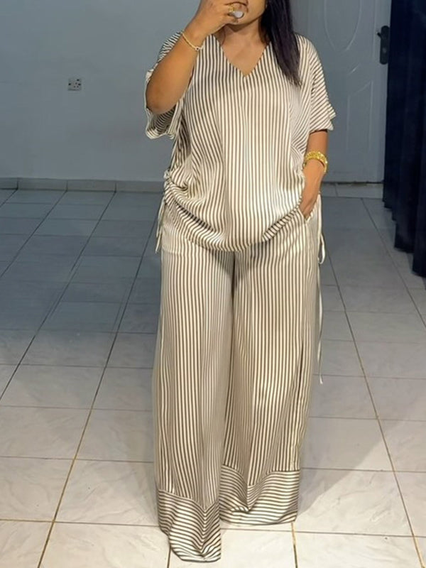 Stripe V-Neck Top & Wide-Leg Pants Set