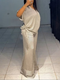 Stripe V-Neck Top & Wide-Leg Pants Set