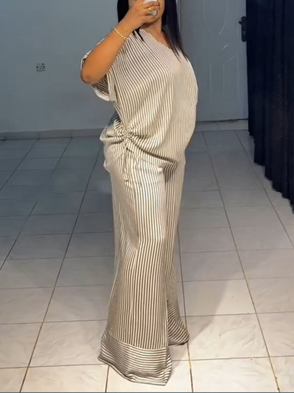 Stripe V-Neck Top & Wide-Leg Pants Set