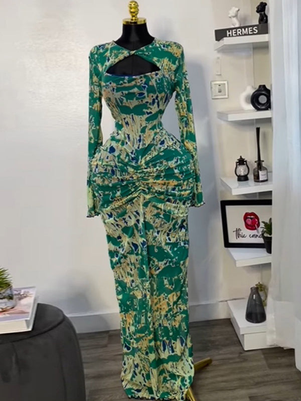 Printed Cutout Ruched Maxi Dress