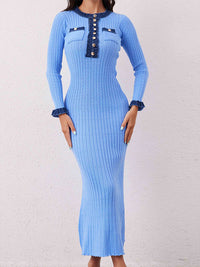 Button-Front Contrast Ribbed Dress