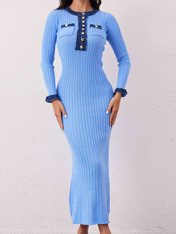 Button-Front Contrast Ribbed Dress