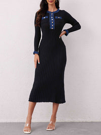 Button-Front Contrast Ribbed Dress