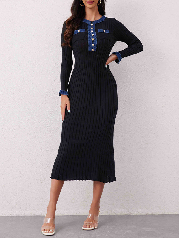 Button-Front Contrast Ribbed Dress