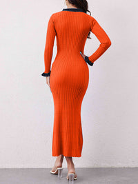 Button-Front Contrast Ribbed Dress