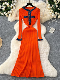 Button-Front Contrast Ribbed Dress