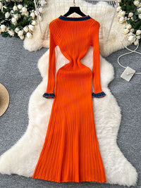 Button-Front Contrast Ribbed Dress