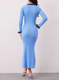 Button-Front Contrast Ribbed Dress