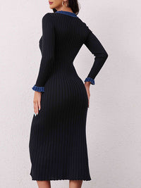 Button-Front Contrast Ribbed Dress