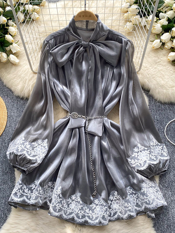 Lace-Combo Tied-Neck Dress