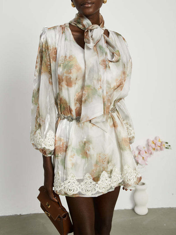 Lace-Combo Tied-Neck Dress