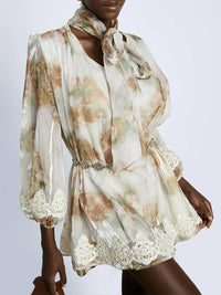 Lace-Combo Tied-Neck Dress