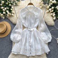 Lace-Combo Tied-Neck Dress