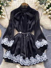 Lace-Combo Tied-Neck Dress