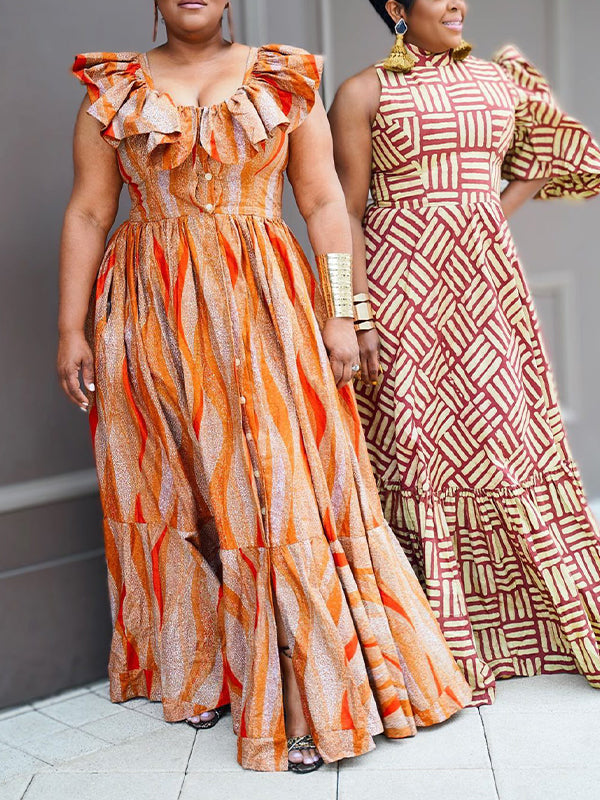 Printed One-Sleeve Ruffle Maxi Dress