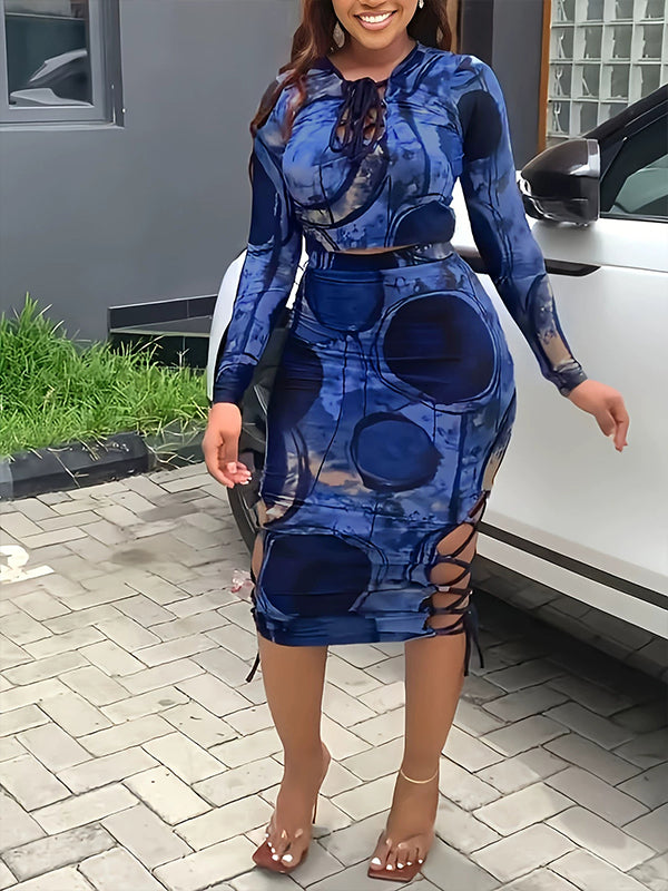 Printed Lace-Up Top & Skirt Set