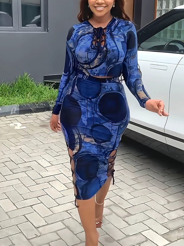 Printed Lace-Up Top & Skirt Set