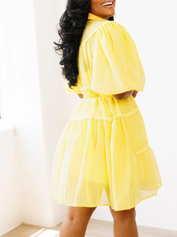 Puff-Sleeve Tied Shirt Dress