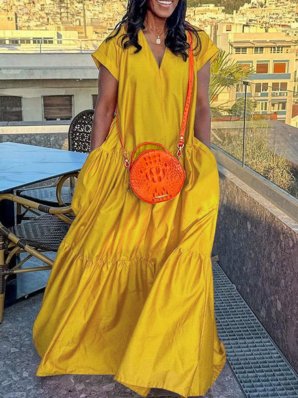 Solid V-Neck Ruffle Dress