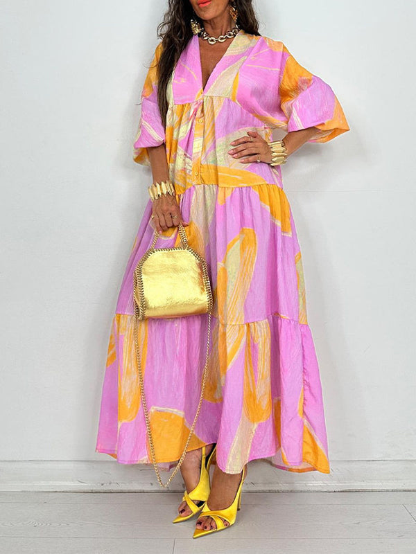 Printed Button-Front Ruffle Dress