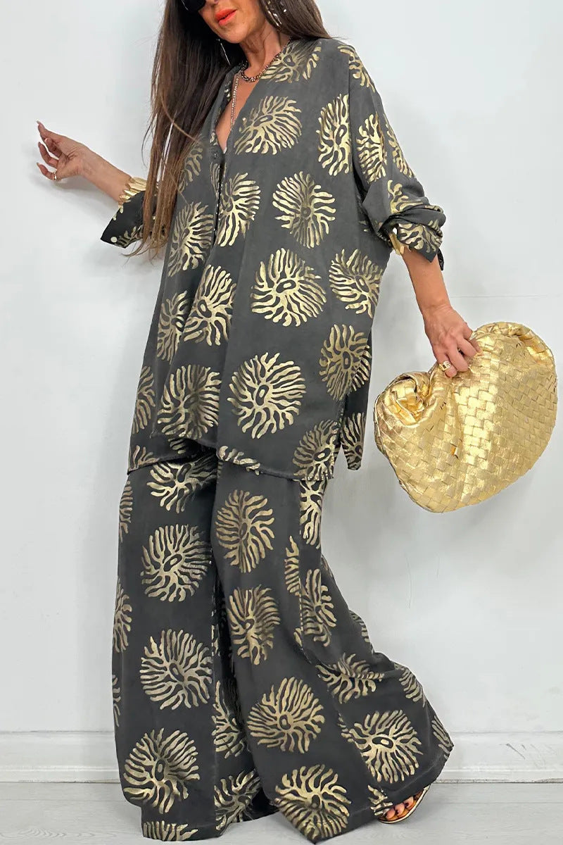 Printed Shirt & Wide-Leg Pants Set