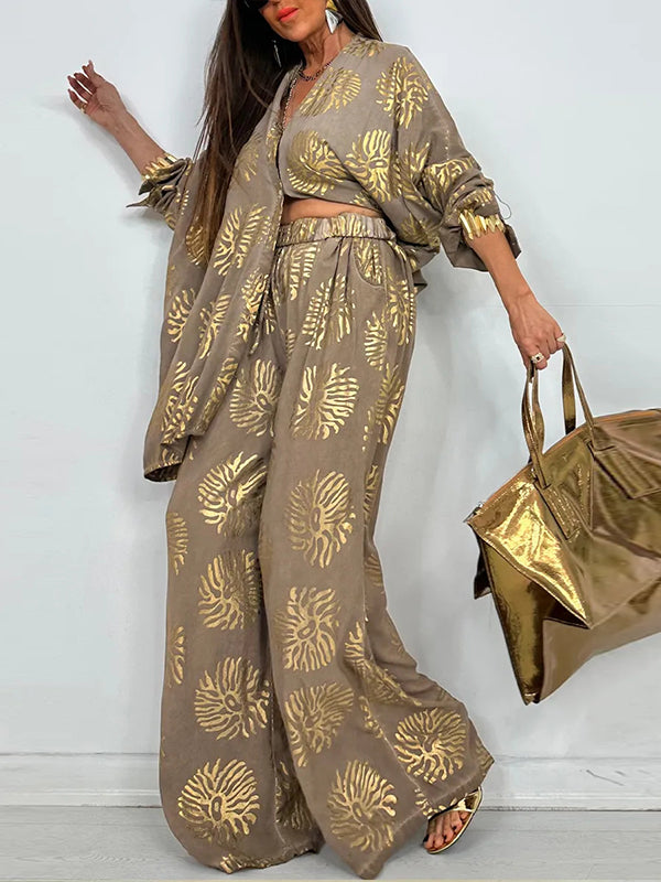 Printed Shirt & Wide-Leg Pants Set