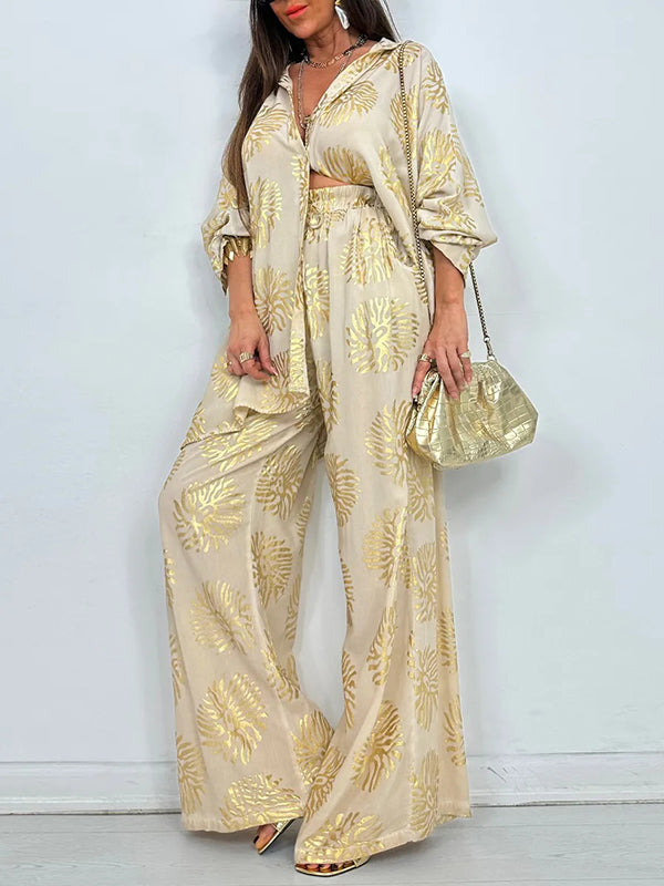 Printed Shirt & Wide-Leg Pants Set