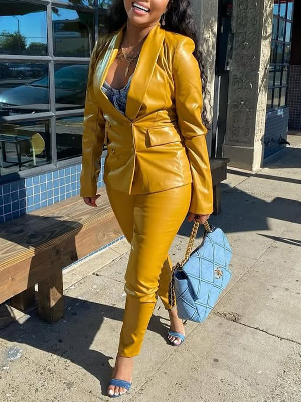 Faux-Leather Blazer & Pants Set