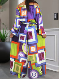 Printed Off-Shoulder Top & Wide-Leg Pants Set
