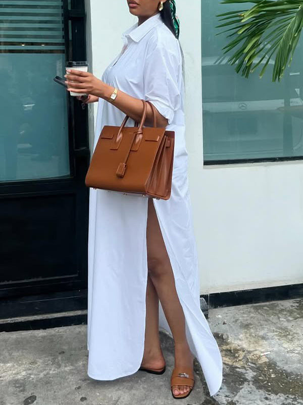 Solid Side-Slit Shirt Dress