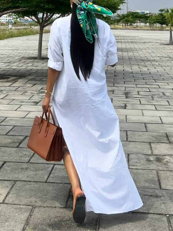 Solid Side-Slit Shirt Dress