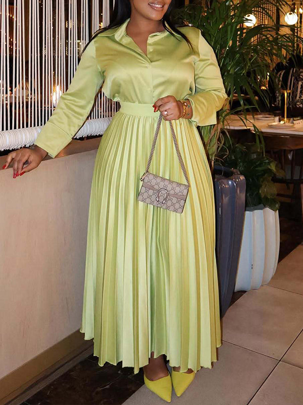 Solid Shirt & Pleated Skirt Set