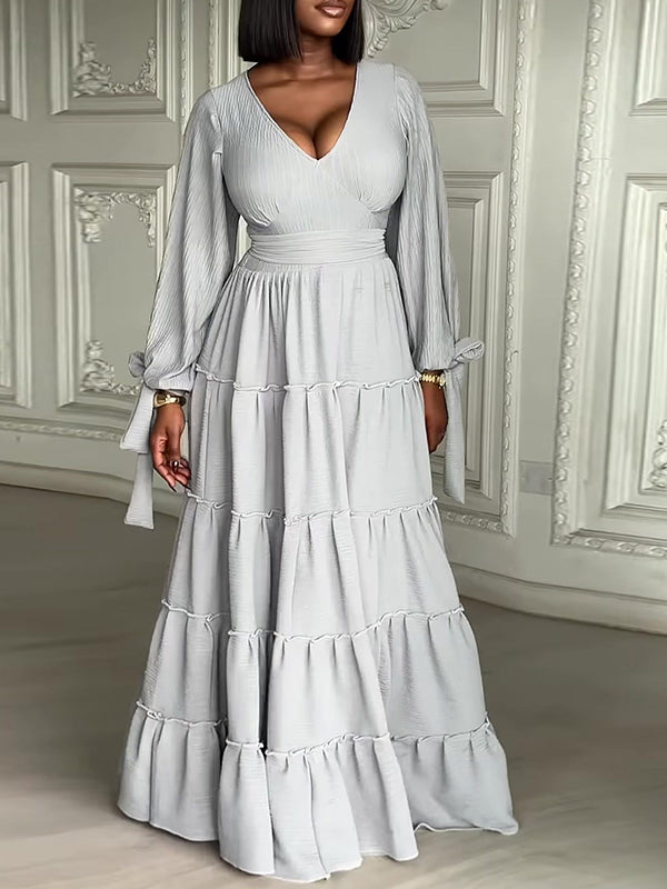 V-Neck Tied Ruffle Dress