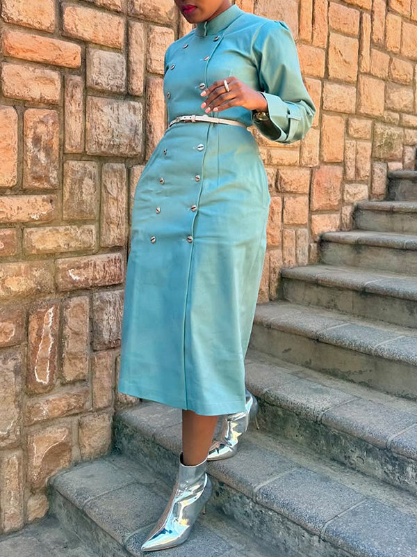 Solid Double-Breasted Midi Dress