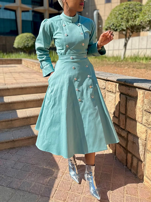 Solid Double-Breasted Midi Dress