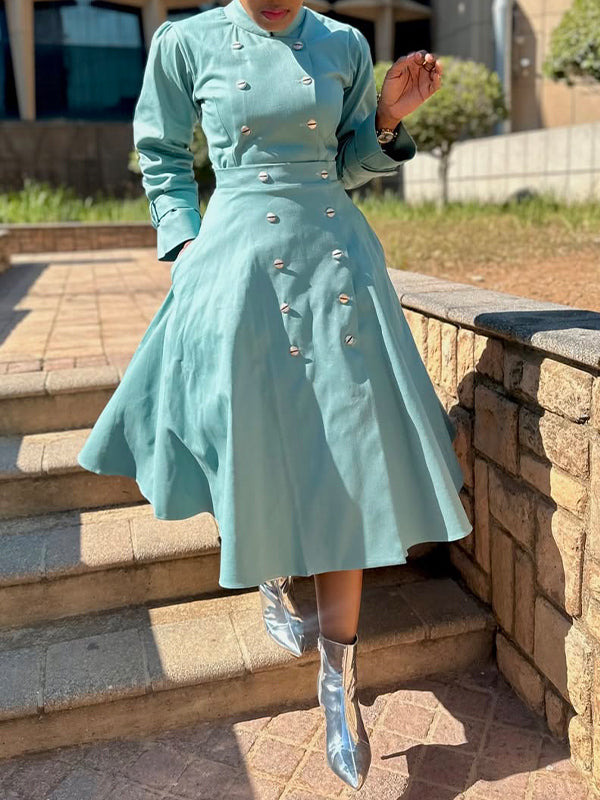 Solid Double-Breasted Midi Dress